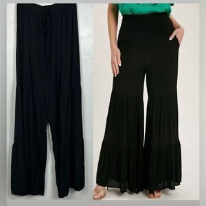 Luukse High Rise Drawstring Waist Ruffle Hem Flared Pants In Black Size M